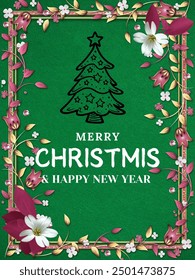 Artistic Christmas and New Year Card with Floral Border and Minimalist Christmas Tree on Green Canvas - Ideal for Holiday Wishes