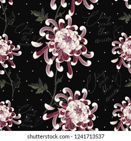 Artistic chrysanthemum pattern with flower and quote. Vector seamless polka dot background. Elegant traditional decoration on black backdrop. Pastel colored hand drawn illustration.