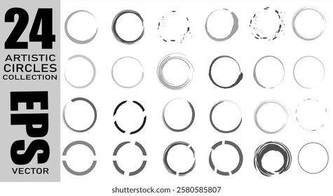 Artistic circles collection or set of 24. Speed lines in circle form. Geometric art. Design element for frame, logo, tattoo, web pages, prints, posters. Vector illustration