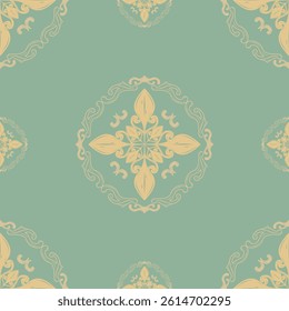 Artistic Classy Timeless Round Elegance Florals With Scroll Detailed Hand Drawing Seamless Repeat Gold Filigree Pattern on Pastel Green Background Baroque Design for Royal Rich Decoration Wallpaper