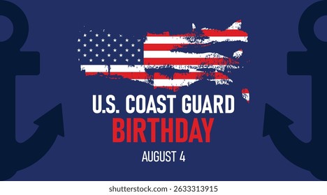 Cartaz de aniversário da Guarda Costeira Artística apresentando uma bandeira americana estilo silhueta e tipografia azul arrojada. Perfeito para comemorar 4 de agosto.