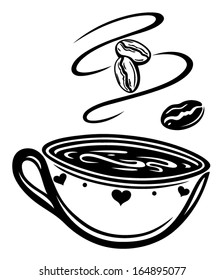 Artistic coffee cup with coffee beans