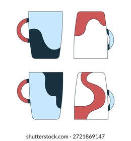 Artistic coffee mugs with abstract patterns 2D cartoon objects set. Ceramic cups home style. Coffeecups drinkware isolated elements flat vector clip arts on white. Spot illustrations collection