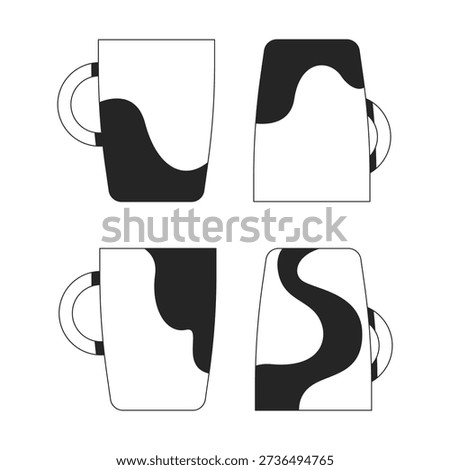 Artistic coffee mugs with abstract patterns 2D line objects set. Ceramic cups home style. Coffeecups drinkware isolated cliparts vector ink outline items. Monochrome spot illustrations collection
