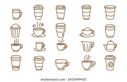 Artistic Coffee Sketches Collection. Elegant Hand-Drawn Doodles in Striking Brown Vector Illustration