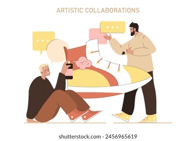 Artistic Collaboration concept. Two creatives exchange ideas on a joint project, showcasing cooperative art and design process. Dynamic interaction in creativity. Vector illustration.