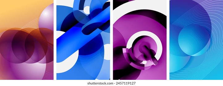 An artistic collage featuring vibrant colors such as purple, magenta, and electric blue. Symmetrical patterns and circular designs create a mesmerizing display of abstract art