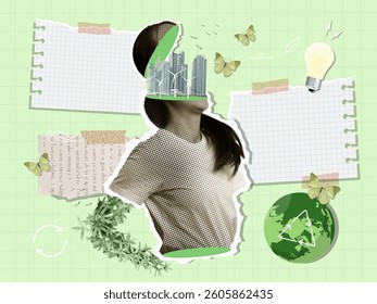 An artistic collage showcasing a woman's figure with urban elements, emphasizing sustainability and eco-consciousness.