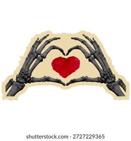 Artistic collage of skeletal hands shaping a heart around a red painted heart. Conceptual illustration symbolizing love, mortality, devotion, and gothic romance on a clean background.