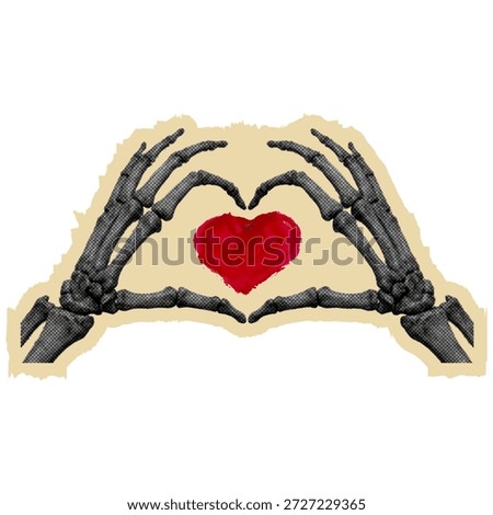 Artistic collage of skeletal hands shaping a heart around a red painted heart. Conceptual illustration symbolizing love, mortality, devotion, and gothic romance on a clean background.