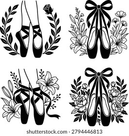 Artistic collection of ballet shoes and pointe shoes framed with delicate flower arrangements perfect for dance studio branding.