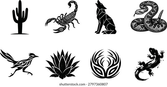 An artistic collection of black vector illustrations featuring desert animals and plants, including a geometric howling wolf, detailed rattlesnake, tribal scorpion, cactus, agave, and gecko lizard. Perfect for southwestern-themed apparel design, logos, stickers, tattoos, and branding projects.