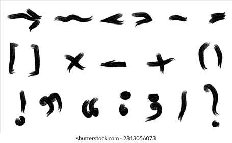 Artistic collection of brush stroke punctuation marks arrows and math symbols rendered in black ink style suitable for creative typography graphic overlays and design project embellishments.