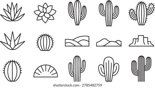 Artistic collection of desert botanical elements including various cactus species mountain ranges and sand dunes. Minimalist thin line graphics representing dry wild nature and southwestern landscape. Clean symbols for gardening branding logo design and environmental themes on gray background.