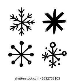 Artistic collection of four different black snowflake symbols in grunge and modern hand-drawn styles isolated on white background.