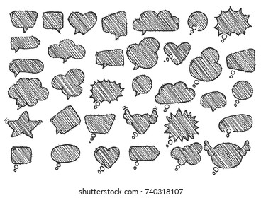 Artistic collection of hand drawn doodle style comic balloon, cloud, heart shaped design elements. Isolated and real pen sketch. Vector Illustration