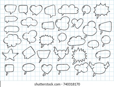 Artistic Collection Of Hand Drawn Doodle Style Comic Balloon, Cloud, Heart Shaped Design Elements. Isolated And Real Pen Sketch. Vector Illustration