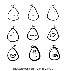 An artistic collection of pear drawings, each adorned with unique facial expressions, showcasing creativity through patterns and ornamentation. A fashionable twist on a classic fruit
