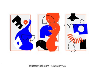 Artistic Collection Of Posters set In Handmade Technique. Bright bold design elements collection for Motion, textile, Magazine etc. Abstract Shapes Template. Orange Blue Black colors