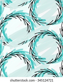 Artistic color brushed black circles with green texture.Hand drawn with ink and marker brush seamless background.Abstract color splush and scribble design.