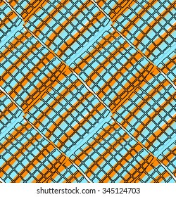 Artistic color brushed blue orange checkered squared.Hand drawn with ink and marker brush seamless background.Abstract color splush and scribble design.