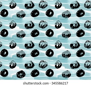 Artistic color brushed blue texture and black circles.Hand drawn with ink and marker brush seamless background.Abstract color splush and scribble design.