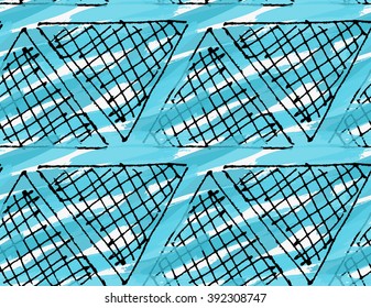 Artistic color brushed blue texture with hatched triangles.Hand drawn with ink and marker brush seamless background.Abstract color splush and scribble design.