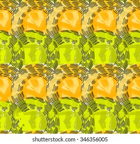Artistic color brushed green orange with black dashed arcs.Hand drawn with ink and marker brush seamless background. Abstract color splash and scribble design.