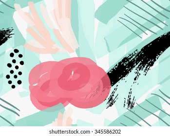Artistic color brushed green and pink with black grunge.Hand drawn with ink and marker brush seamless background.Abstract color splush and scribble design.
