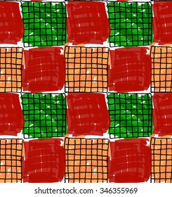 Artistic color brushed green red orange squares.Hand drawn with ink and marker brush seamless background. Abstract color splash and scribble design.