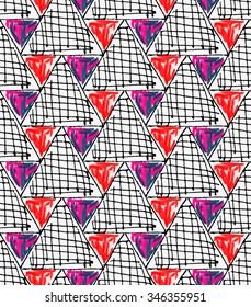 Artistic color brushed hatched triangles.Hand drawn with ink and marker brush seamless background.Abstract color splash and scribble design.