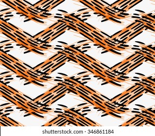 Artistic color brushed orange waves with black dashes.Hand drawn with ink and marker brush seamless background.Abstract color splush and scribble design.