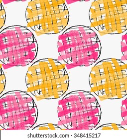 Artistic color brushed pink orange hatched circles.Hand drawn with ink and marker brush seamless background.Abstract color splush and scribble design.