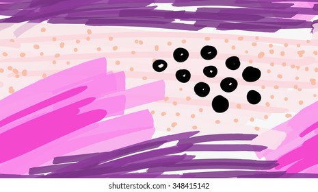 Artistic color brushed purple hatches with black spots.Hand drawn with ink and marker brush seamless background.Abstract color splush and scribble design.