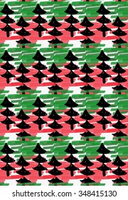 Artistic color brushed red green texture with black trees.Hand drawn with ink and marker brush seamless background.Abstract color splush and scribble design.