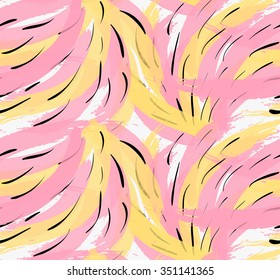 Artistic color brushed yellow pink strokes with black dashes pattern.Hand drawn with ink brush seamless background.Abstract color splash scribble seamless design.Hand painted swirling fur or feather.