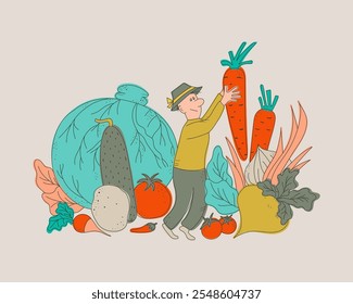 An artistic color hand drawn vector illustration of whimsical garden harvest scene with a farmer surrounded by various huge sized vegetables in flat technique set on plain background.