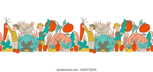 An artistic color hand drawn vector seamless border pattern of whimsical garden harvest scene with a farmers managing with various huge sized vegetables in flat technique set on plain background.