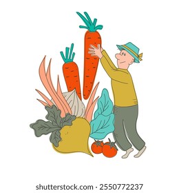 Uma cor artística desenhada à mão ilustração vetorial de cena de colheita de jardim caprichosa mostrando o agricultor rabiscando com vários vegetais de grandes dimensões em técnica plana definida em fundo transparente.