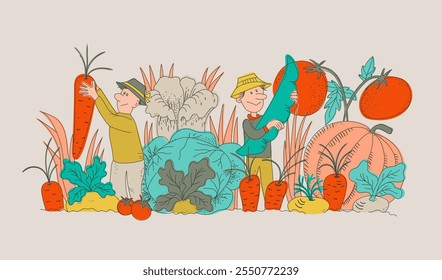 An artistic color hand drawn vector illustration of whimsical garden harvest scene with a farmers managing with various huge sized vegetables in flat technique set on plain background.