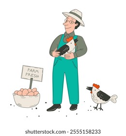 An artistic color hand drawn vector illustration of farmers market scene showing farmer holding chicken, presenting his fresh eggs produce in flat technique set on white background.