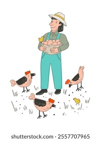 An artistic color hand drawn vector illustration showcasing farmers market scene where farmer holding basket, presenting fresh eggs produce in flat technique set on isolated white background.