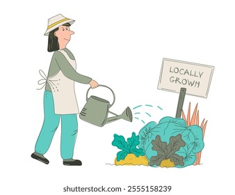 An artistic color vector illustration, depicting farmer fiddling harvest scene. Featuring women, watering oversized vegetable crops and the sign Locally Grown. Hand drawn, isolated on white.