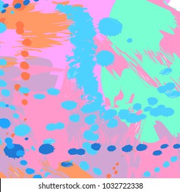 artistic colorful brushed green blue orange with dots, hand drawn with ink and color on pink background, creative hand painted pattern, vector illustration