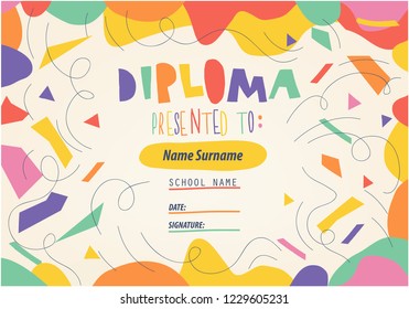 Artistic colorful Diploma template for kids. Vector illustration.