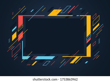 Artistic colorful frame with different elements over dark, vector abstract background art style bright shiny colors, geometric design.