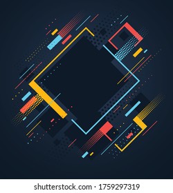 Artistic colorful frame with different elements over dark, vector abstract background art style bright shiny colors, geometric design.