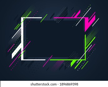 Artistic colorful frame with different elements over dark, vector abstract background art style bright shiny colors, geometric design.