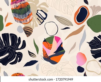 Artistic colorful pattern. Hand draw texture. Creative collage with shapes. Seamless pattern. Fashionable template for design.