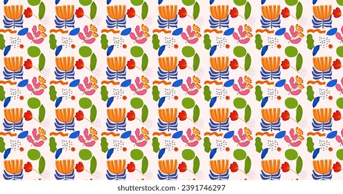 Artistic colorful seamless pattern floral, plants and flowers background design vector illustration. Modern tropical, organic design.